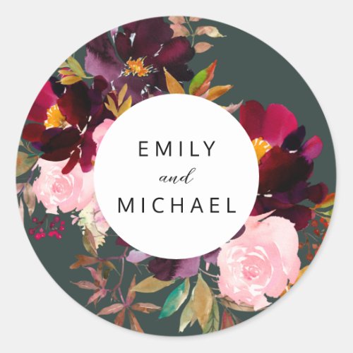 Burgundy Forest Green Blush Floral Watercolor Classic Round Sticker