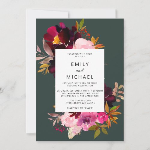Burgundy Forest Green Blush Floral Watercolor Invitation