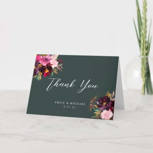 Burgundy Forest Green Blush Floral Watercolor Thank You Card