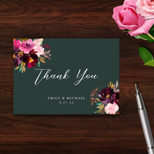 Burgundy Forest Green Blush Floral Watercolor Thank You Card