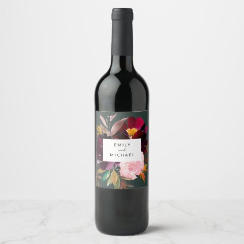Burgundy Forest Green Blush Floral Watercolor Wine Label