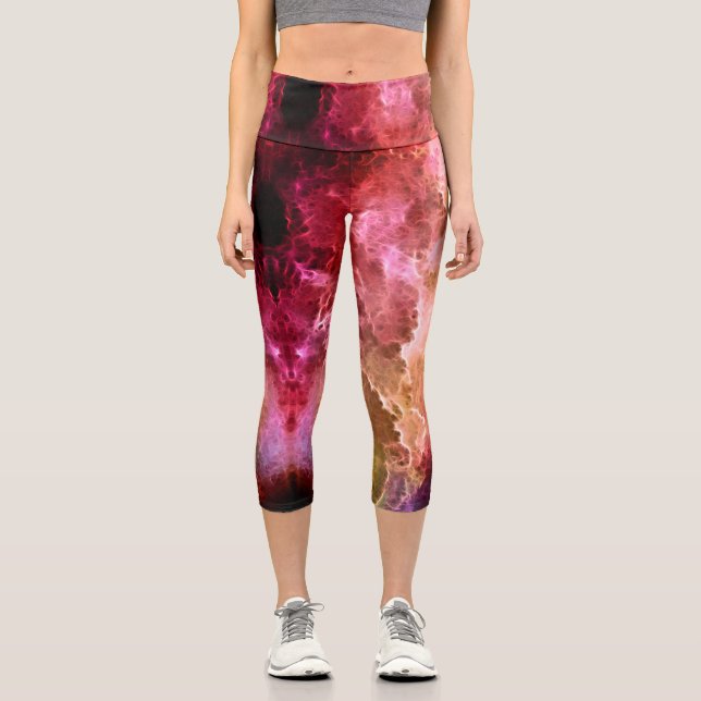 Burgundy Fractal Stormy Clouds Capri Leggings (Front)