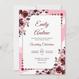 Burgundy Frame Elegant Floral Watercolor Wedding Invitation