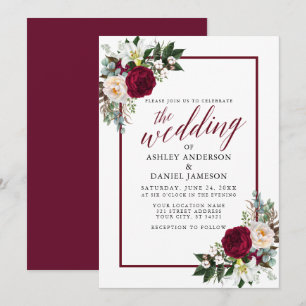 Burgundy Frame Floral Greenery Calligraphy Wedding Invitation