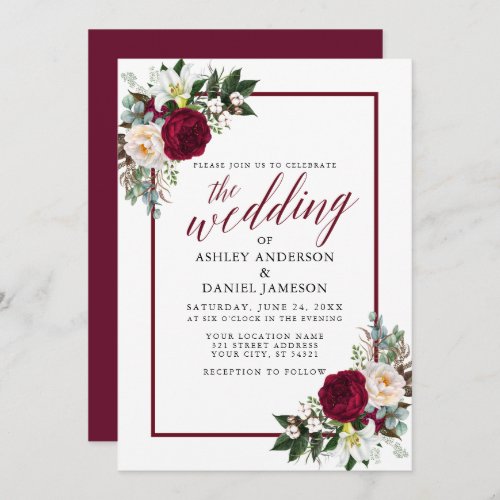 Burgundy Frame Floral Greenery Calligraphy Wedding Invitation