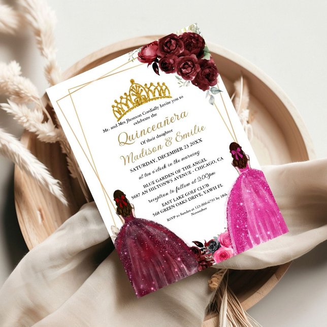 Burgundy & Fuchsia Butterfly Twin Quinceanera  Invitation (Creator Uploaded)