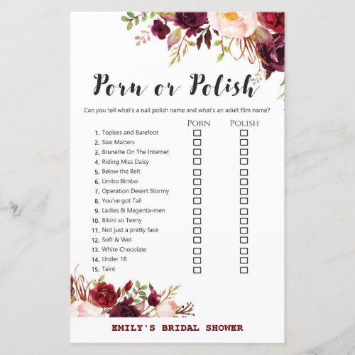 Burgundy Garden Bridal Shower Game PRINTED