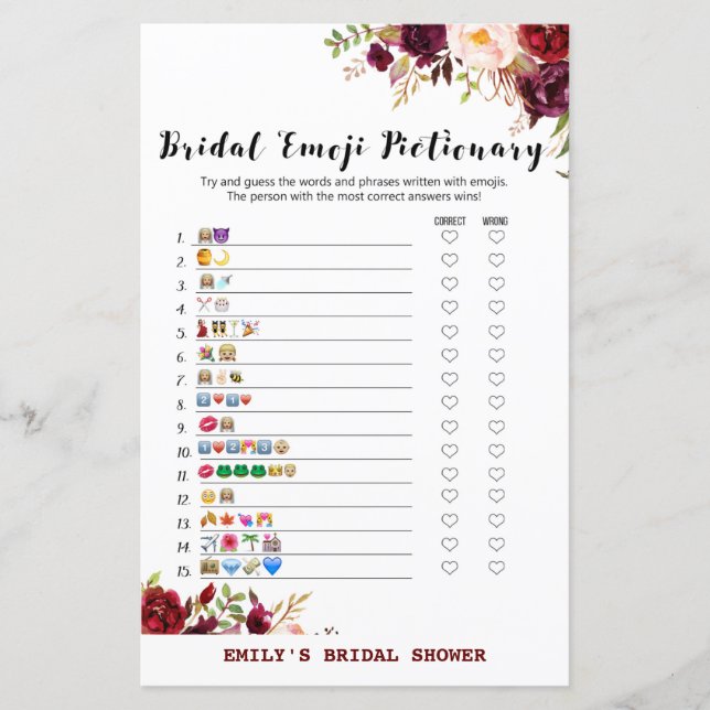 Burgundy Garden Bridal Shower Game PRINTED (Front)