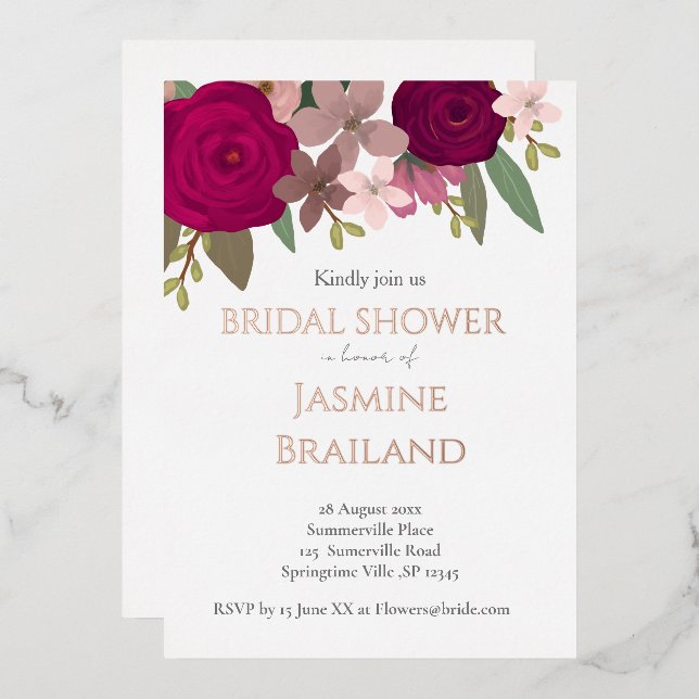Burgundy Garden Flowers Bridal Shower  Foil Invitation (Front/Back)