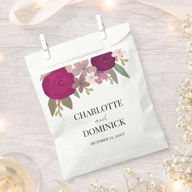Burgundy Garden Flowers Wedding  Favor Bag (Clipped)