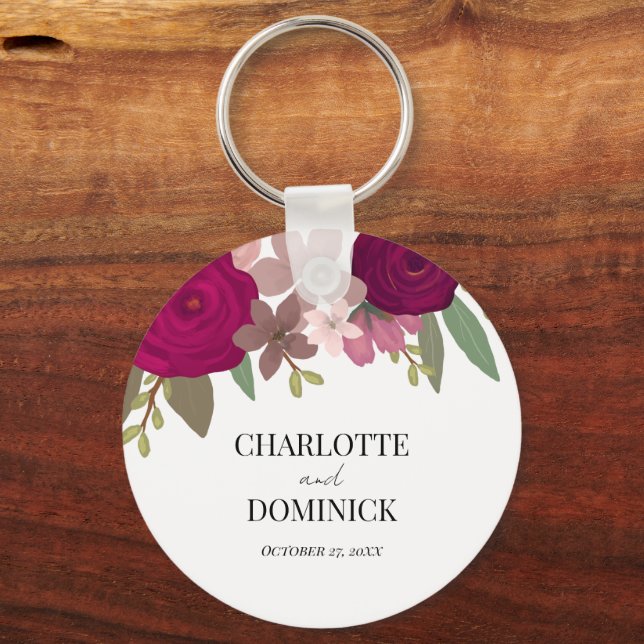 Burgundy Garden Flowers Wedding  Keychain (Front)