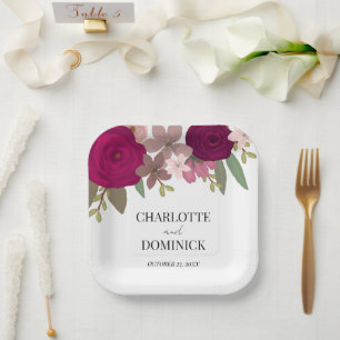Burgundy Garden Flowers Wedding Paper Plates