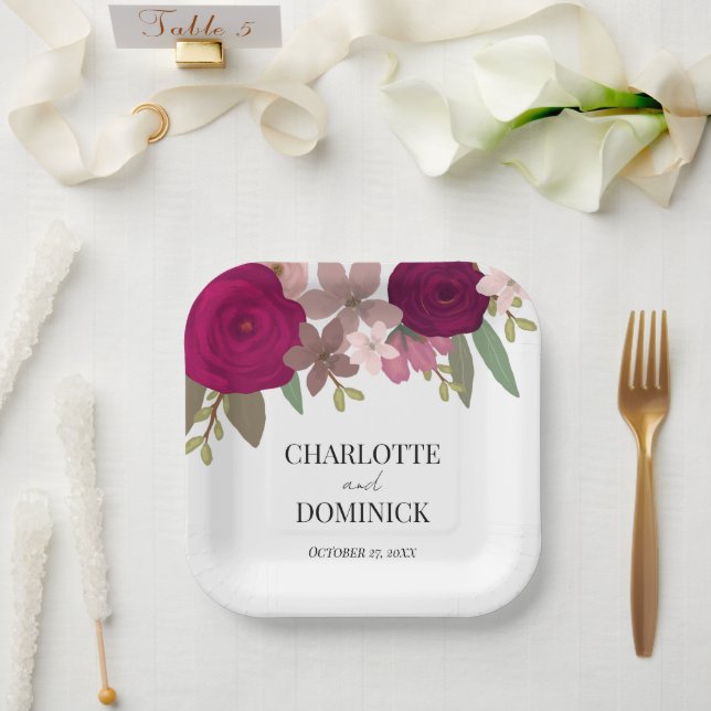 Burgundy Garden Flowers Wedding  Paper Plates (Wedding)