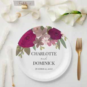 Burgundy Garden Flowers Wedding Paper Plates
