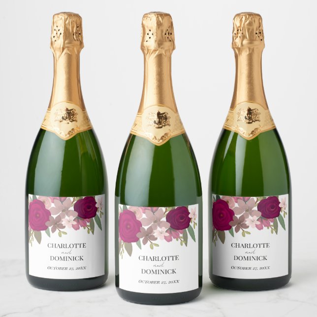 Burgundy Garden Flowers Wedding  Sparkling Wine Label (Bottles)