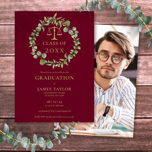 Burgundy Garland Photo Law School Graduation Invitation (Burgundy Garland Photo Law School Graduation Invitation)