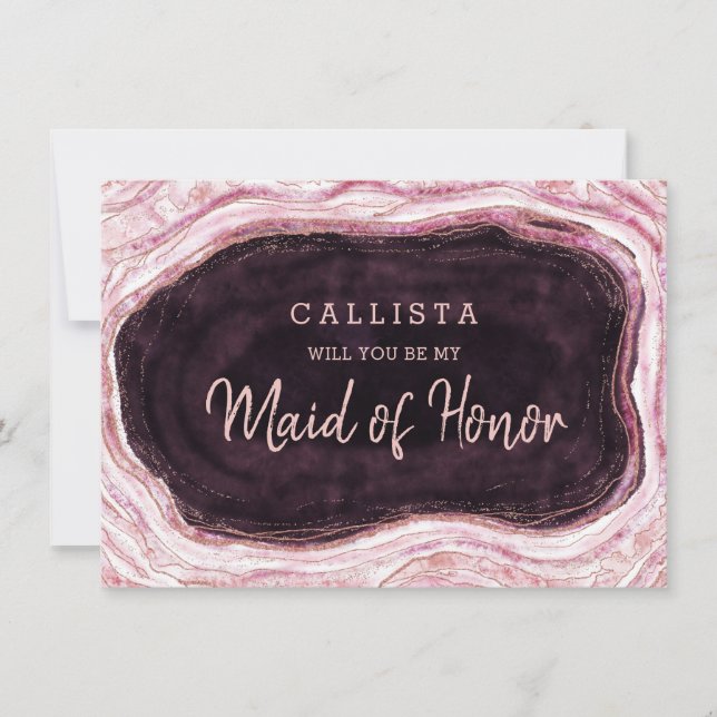 Burgundy Geode Be My Maid of Honor Proposal Card (Front)