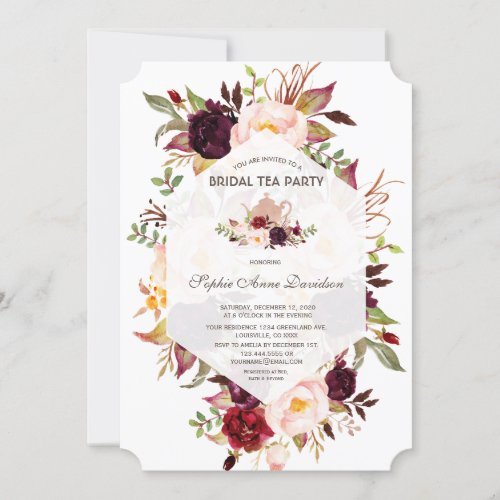 Burgundy Geometric Floral Bridal Shower Tea Party Invitation