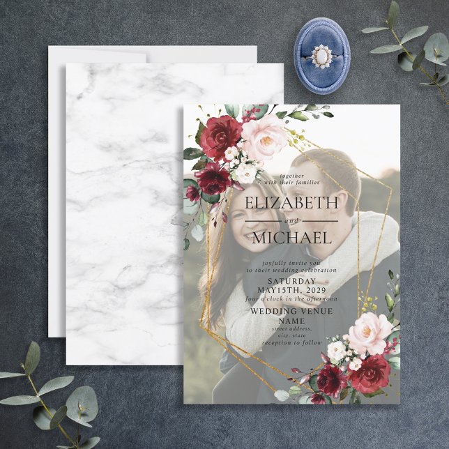 Burgundy Geometric Floral Vellum Overlay Photo  Invitation (Creator Uploaded)