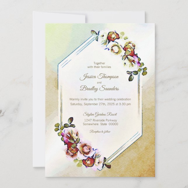 Burgundy Geometric Floral Watercolor Wedding Invitation (Front)