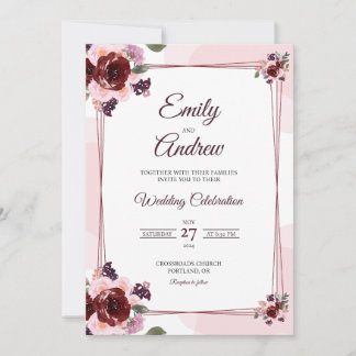Burgundy Geometric Floral Watercolor Wedding Invitation