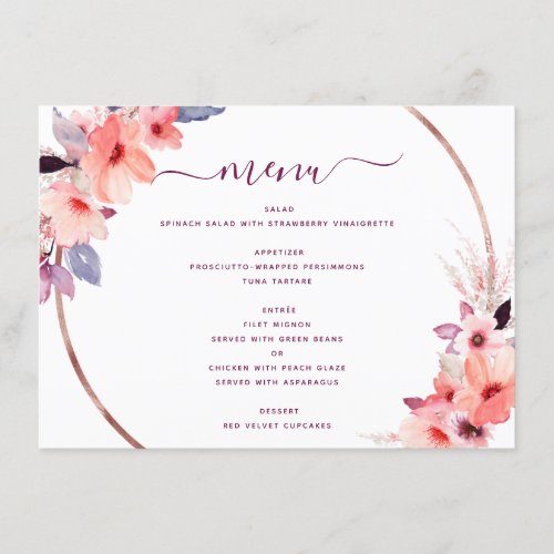 Burgundy Geometric Flowers Floral Wedding Menu