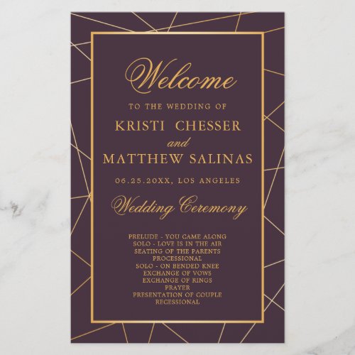 Burgundy Geometric Gold Frame Wedding Program Card