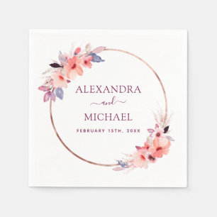 Burgundy Geometric Watercolor Floral Wedding Napkins