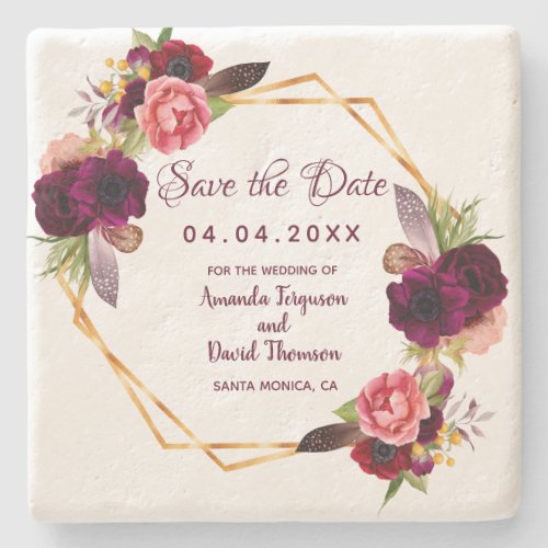 Burgundy geometric wedding save the date stone coaster