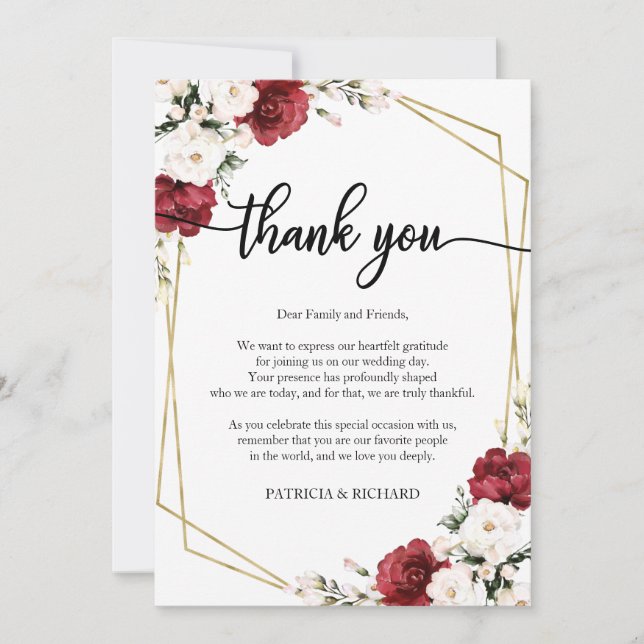 Burgundy Geometric Wedding Thank You Place Card (Front)