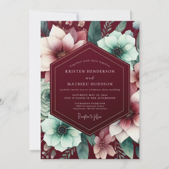 Burgundy Gilded Bloom Wedding Invitation (Front)
