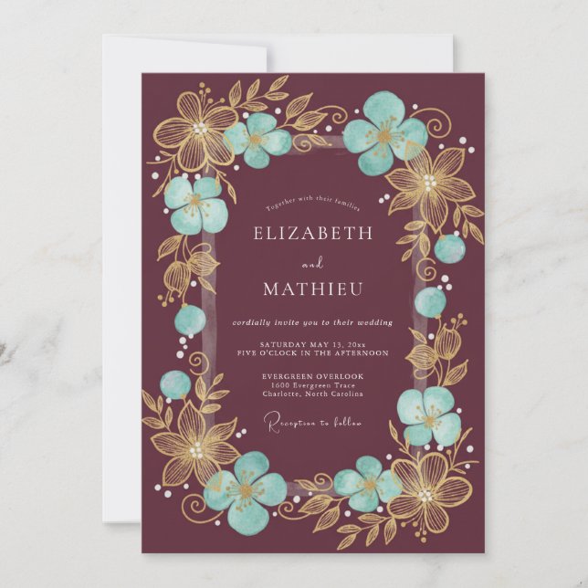 Burgundy Gilded Blossom Romantic Wedding Invitation (Front)