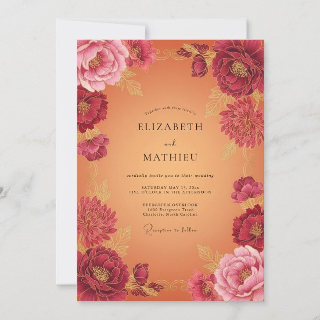 Burgundy Gilded Floral Autumn Wedding Invitation (Front)