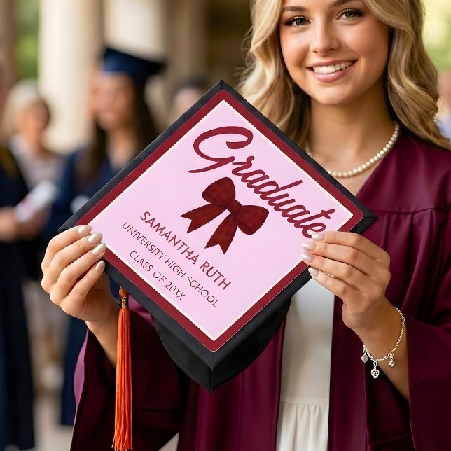 Burgundy Gingham Bow Graduation Cap Topper (Creator Uploaded)