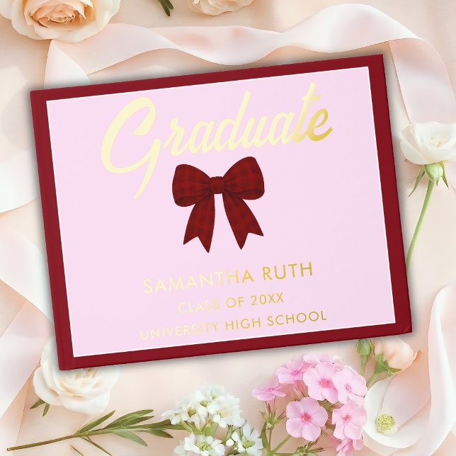 Burgundy Gingham Bow Graduation Party Foil Guest Book (Creator Uploaded)
