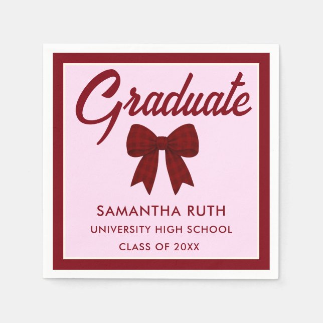 Burgundy Gingham Bow Graduation Party Napkins (Front)