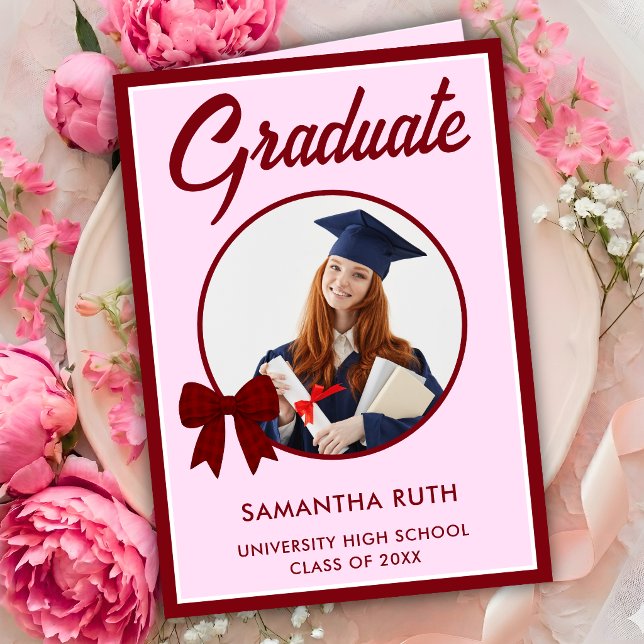 Burgundy Gingham Bow Photo Graduation  Card (Creator Uploaded)
