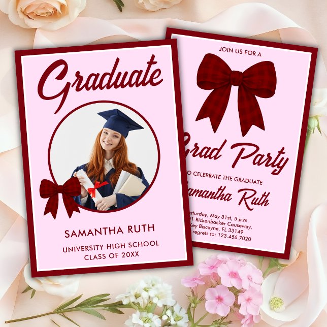 Burgundy Gingham Bow Photo Graduation Party Invitation (Creator Uploaded)