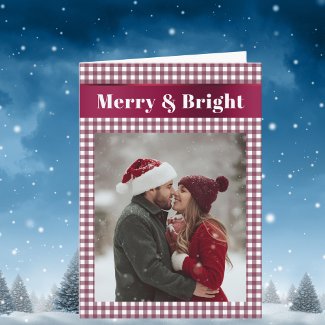 Burgundy Gingham Christmas Photo Merry and Bright
