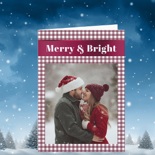 Burgundy Gingham Christmas Photo Merry and Bright Holiday Card