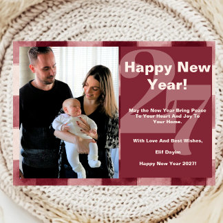 Burgundy Gingham Family Photo Happy New Year 2027 Holiday Card