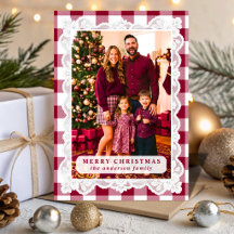 Burgundy Gingham Lace Christmas Photo