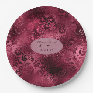 Burgundy Glam Foil Glitter Damask Wedding Paper Plates