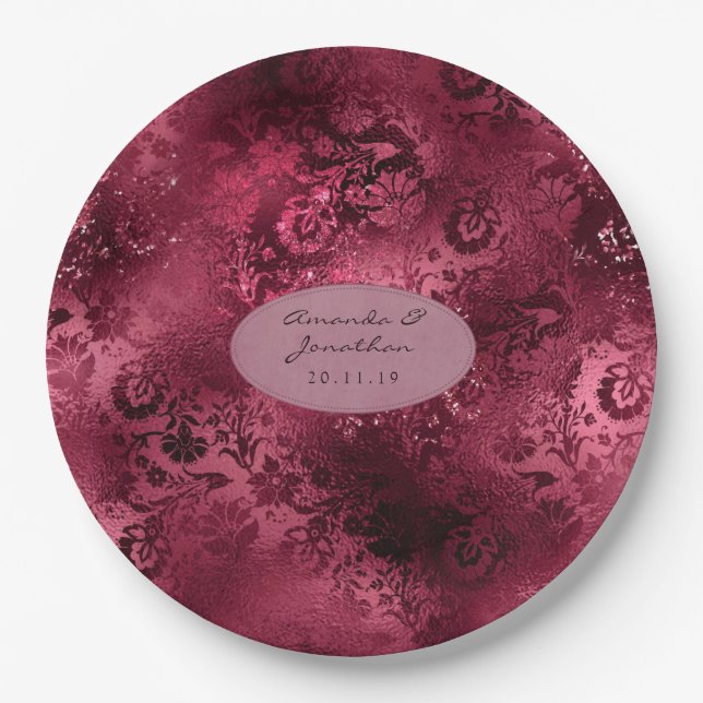 Burgundy Glam Foil Glitter Damask Wedding Paper Plates (Front)