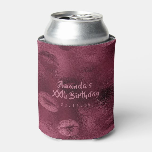 Burgundy Glam Foil Glitter Lips Can Cooler (Can Front)