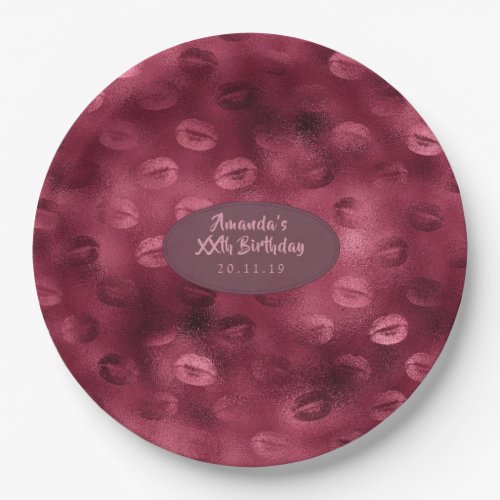 Burgundy Glam Foil Glitter Lips Paper Plates