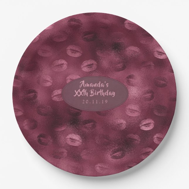 Burgundy Glam Foil Glitter Lips Paper Plates (Front)