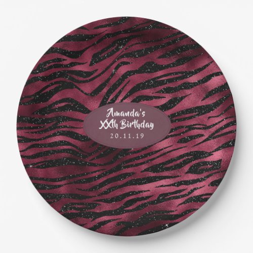 Burgundy Glam Foil Glitter Tiger Stripes Paper Plates