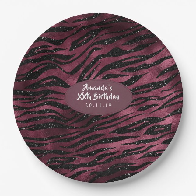Burgundy Glam Foil Glitter Tiger Stripes Paper Plates (Front)