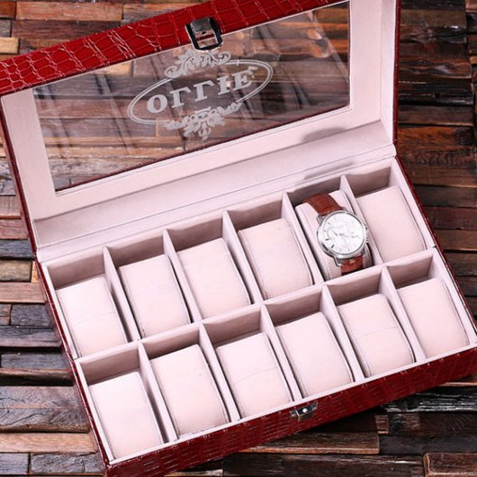 Burgundy Glass Top Crocodile Leather Watch Box (Inside)